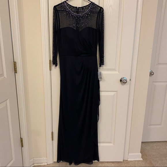 Alex Evenings Illusion Embellished 3/4 Sleeve Ruched A-Line Gown in Dark Navy - Picture 7 of 14
